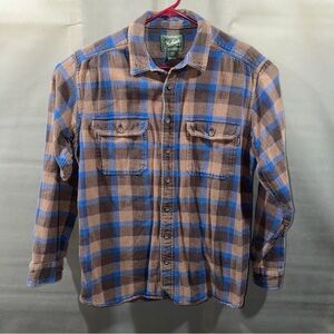 Woolrich Vtg Wool Brown & Blue Plaid Flannel Shirt Sz Large Tall Long Sleeves